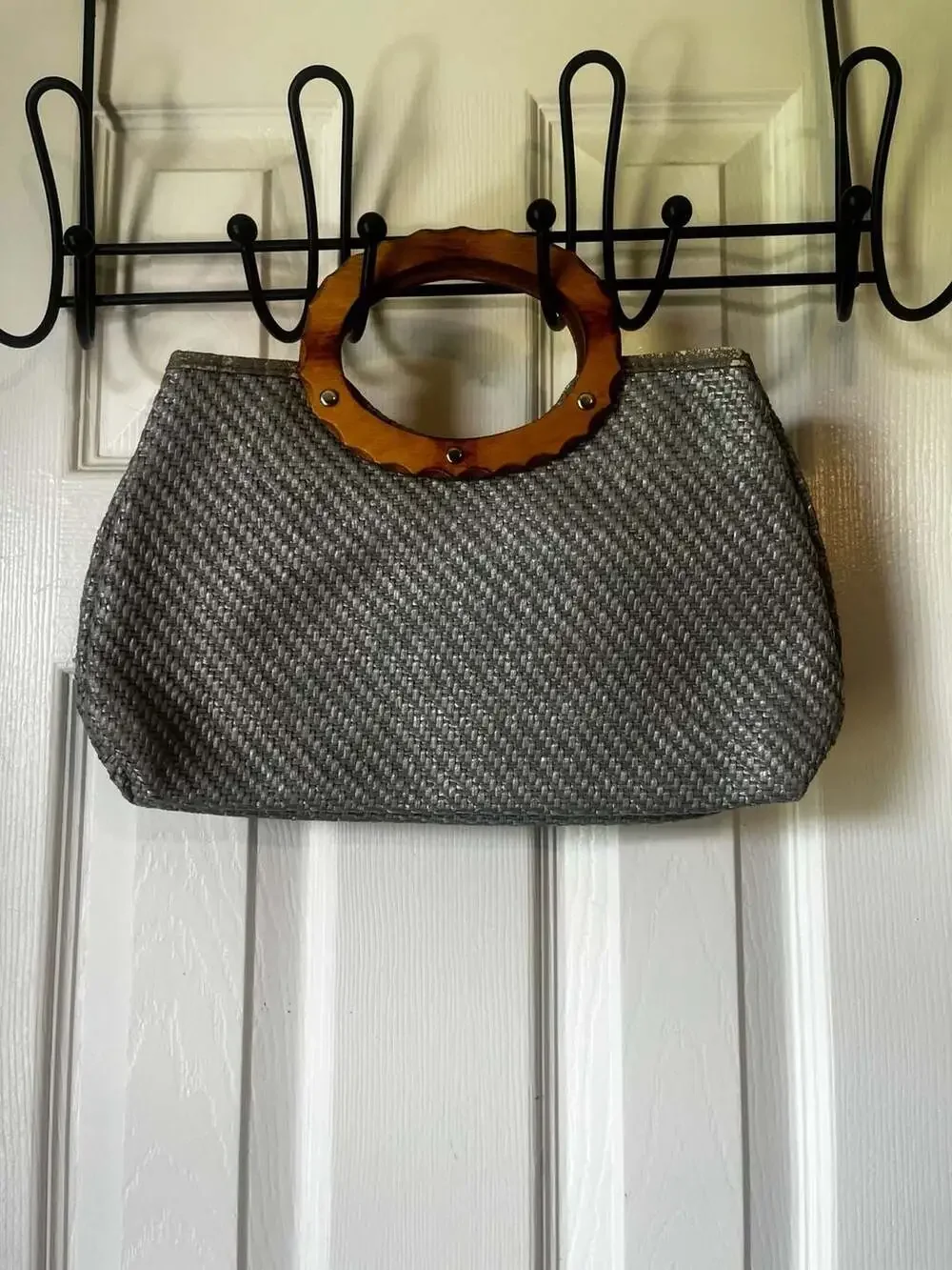 Bob & Alice Woven Handbag with Wooden Ring Handles Grey
